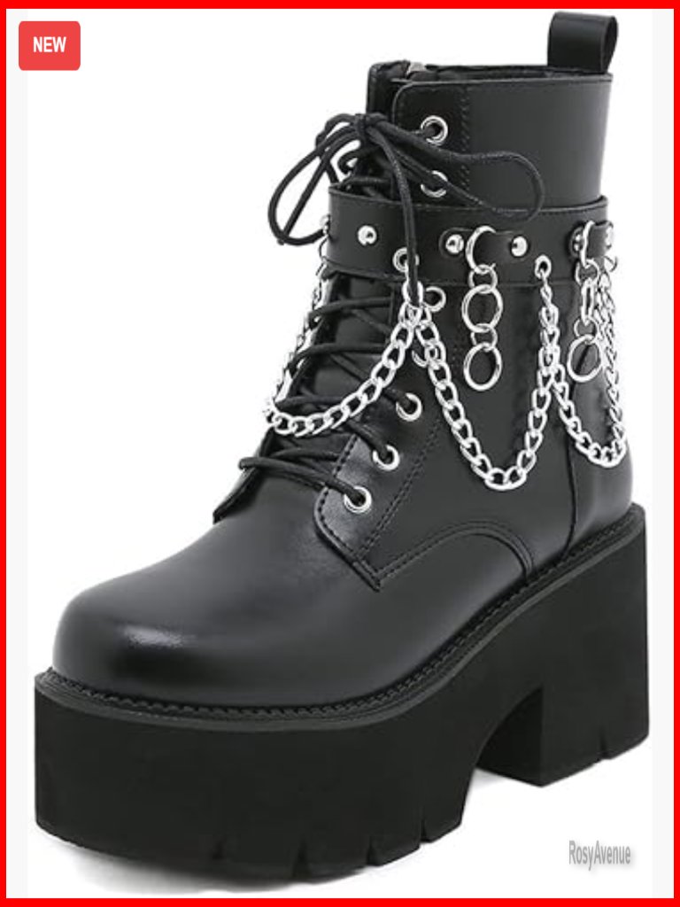 Chunky Platform Combat Boots With Chain Detail Lace Up Zipper Ankle Booties